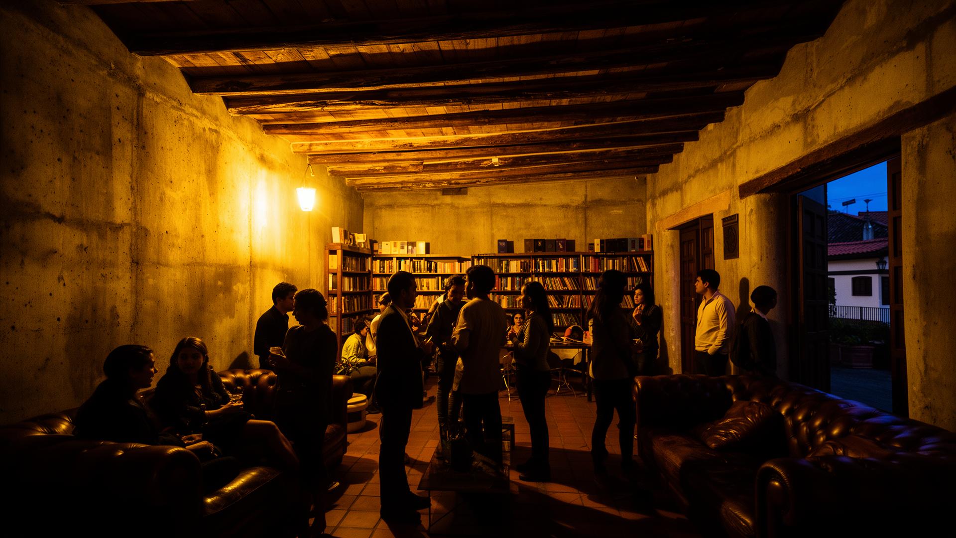 Interior cálido del centro cultural La Pascasia al anochecer